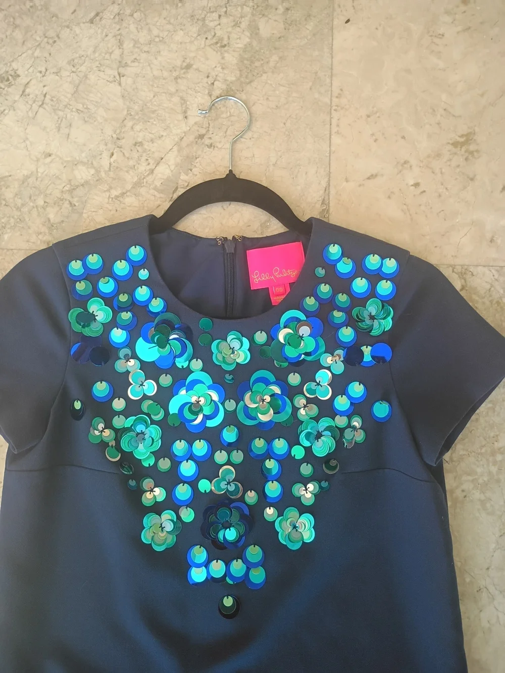Lilly Pulitzer Navy Shift Dress with Turquoise + Teal Sequin Floral Neckline - Picture 5 of 8
